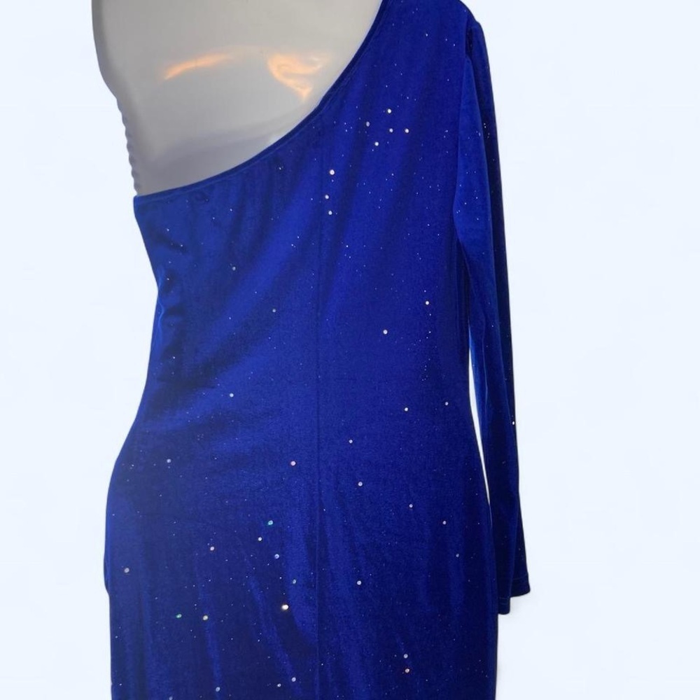 Royal Blue One-Shoulder Sparkly Velour Dress 0XL - Picture 2 of 4